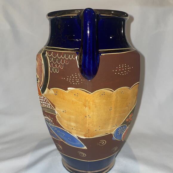 Antique Satsuma Pottery Vase Japan Cobalt Hand Painted Gold w/ Handles 8.5" - Picture 4 of 11